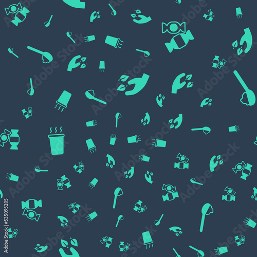Set Tea leaf in hand, Candy, Cup of tea and Spoon with sugar on seamless pattern. Vector