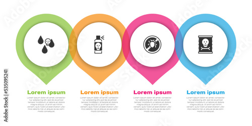 Set Acid rain, Spray against insects, Stop colorado beetle and Radioactive waste barrel. Business infographic template. Vector