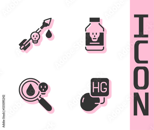 Set Drop of mercury, Poison on the arrow, magnifying glass and Poisoned pill icon. Vector