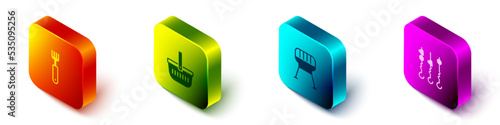 Set Isometric Fork, Picnic basket, Barbecue grill and Grilled shish kebab on skewer icon. Vector