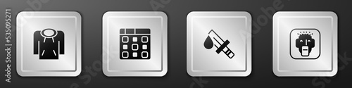 Set Hoodie, Drum machine music, Bloody knife and Rapper icon. Silver square button. Vector