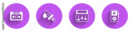 Set Retro audio cassette tape, Bloody knife, Drum machine music and Music player icon with long shadow. Vector