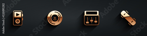 Set Music player, Vinyl disk, Drum machine music and Skateboard icon with long shadow. Vector