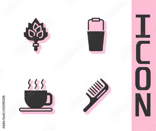 Set Hairbrush, Sauna broom, Cup of tea and bucket icon. Vector