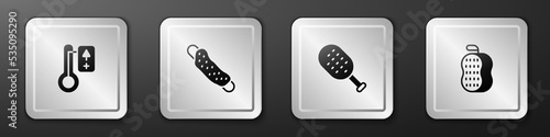 Set Sauna thermometer, Washcloth, brush and icon. Silver square button. Vector
