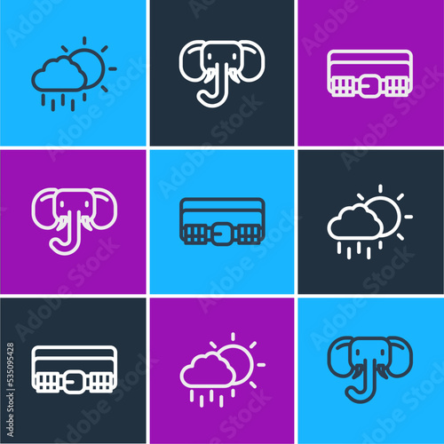 Set line Cloud with rain, Hunting cartridge belt and Elephant icon. Vector