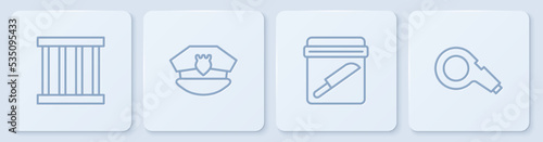 Set line Prison window, Evidence bag with knife, Police cap cockade and Whistle. White square button. Vector
