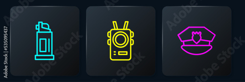 Set line Pepper spray, Police cap with cockade and body camera. Black square button. Vector