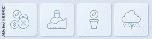 Set line No money, Donation, Growth of homeless and Cloud with rain. White square button. Vector