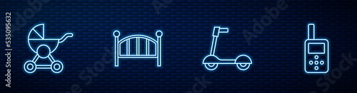 Set line Roller scooter, Baby stroller, crib cradle bed and monitor walkie talkie. Glowing neon icon on brick wall. Vector