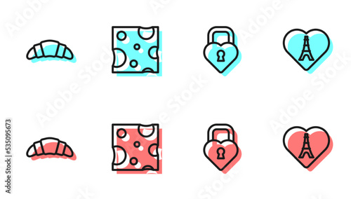 Set line Castle in the shape of heart, Croissant, Cheese and Eiffel tower with icon. Vector