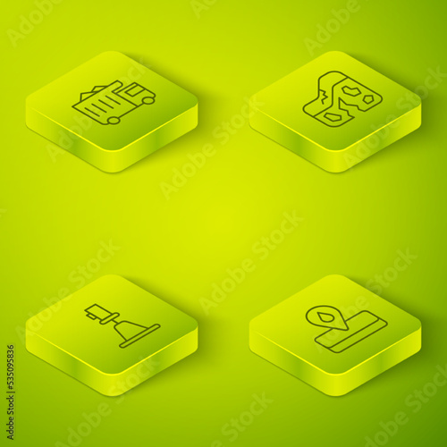 Set Isometric line Geological fault, Tacheometer, theodolite, Oilfield and Mining dump truck icon. Vector