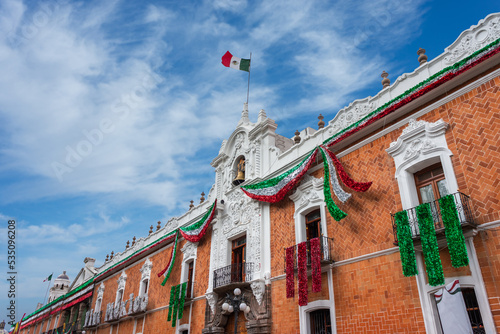 Tlaxcala, Tlaxcala, 09 18 22, Government building of the central square of the municipality of Tlaxcala with ornaments for the celebration of the dependence of Mexico photo