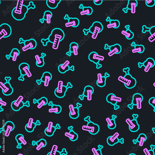 Line Genetically modified chicken icon isolated seamless pattern on black background. Syringe being injected to chicken. Vector