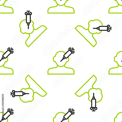 Line Addiction to the drug icon isolated seamless pattern on white background. Heroin, narcotic, addiction, illegal. Sick junkie with a syringe and medical pills. Vector