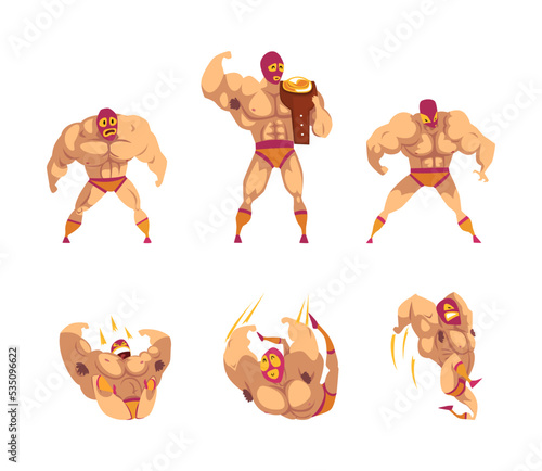 Mexican wrestler fighters in mask set. Battle acrobat fighters. Lucha Libre characters cartoon vector illustration