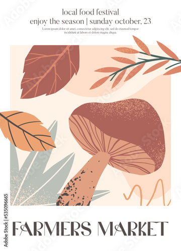 Autumn harvest festival poster with pumpkins,shapes,foliage and copy space for text.Trendy autumn cover for invitations,social media marketing,placard,brochure.Harvest fest design.Vector illustration