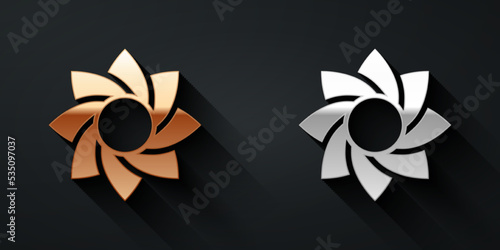 Gold and silver Flower icon isolated on black background. Sweet natural food. Long shadow style. Vector