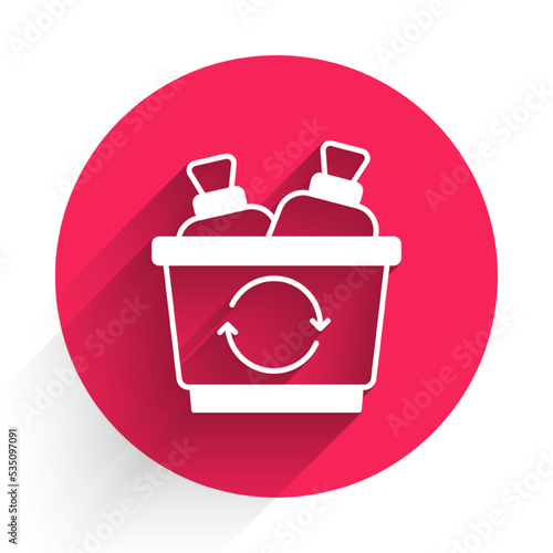 White Recycle bin with recycle symbol icon isolated with long shadow background. Trash can icon. Garbage bin sign. Recycle basket sign. Red circle button. Vector