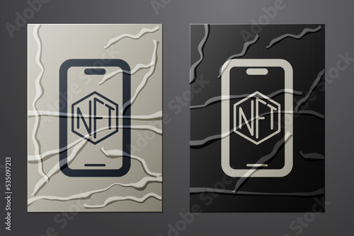 White Mobile with art store app icon isolated on crumpled paper background. Technology of selling NFT tokens for cryptocurrency. Non fungible token. Paper art style. Vector