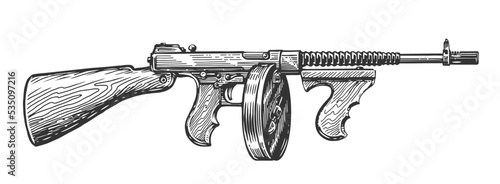 Mafia submachine gun. Gangster retro automatic weapon vector illustration. Hand drawn vintage sketch