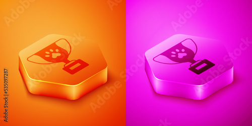 Isometric Pet award symbol icon isolated on orange and pink background. Medal with dog footprint as pets exhibition winner concept. Hexagon button. Vector