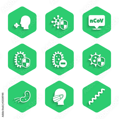 Set Negative virus, Face in medical protective mask, Virus, Shield protecting from, Corona 2019-nCoV on location and Man coughing icon. Vector