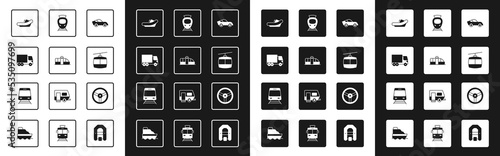 Set Car, Tram and railway, Delivery cargo truck, Rafting boat, Cable, Steering wheel and Train icon. Vector