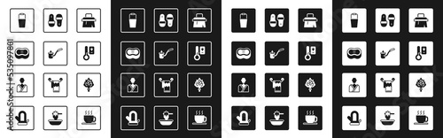 Set Sauna brush, ladle, Bar of soap, bucket, thermometer, slippers, broom and Man in sauna icon. Vector