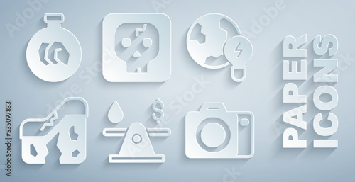 Set Oil money, Global planet with bulb, Geological fault, Photo camera, Archeology and Exhibition minerals, rocks icon. Vector