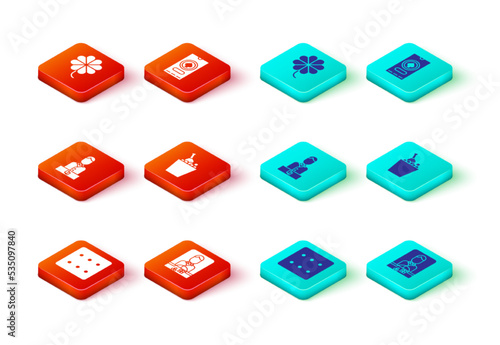 Set Game dice, Casino dealer, Champagne an bucket, poker tournament invitation and slot machine with clover icon. Vector