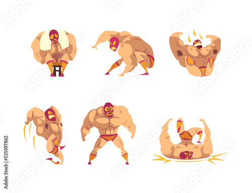 Mexican wrestler fighters in mask set. Battle acrobat fighters characters cartoon vector illustration