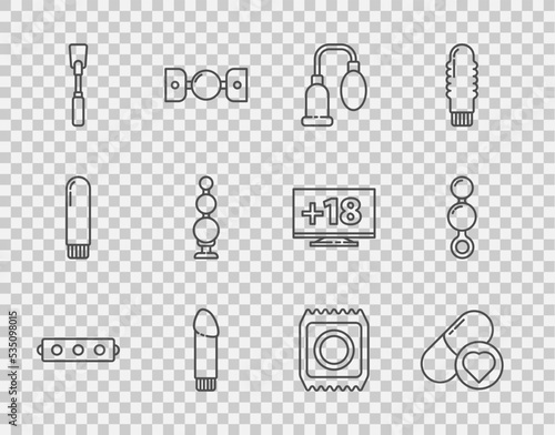 Set line Silicone ball gag with belt, Pills for potency, aphrodisiac, Penis pump, Dildo vibrator, Leather whip, Anal beads, Condom in package safe sex and icon. Vector