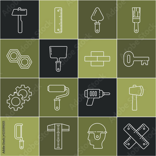 Set line Crossed ruler, Wooden axe, Old key, Trowel, Putty knife, Hexagonal metal nut, Hammer and Bricks icon. Vector