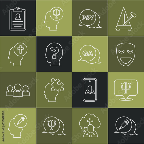Set line Addiction to the drug, Psychology, Psi, Comedy theatrical mask, Head with question mark, Man graves funeral sorrow, Medical clipboard and Question and Answer icon. Vector