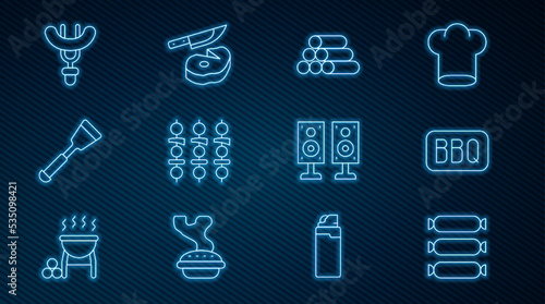 Set line Sausage, Barbecue, Wooden logs, Grilled shish kebab, Spatula, on the fork, Stereo speaker and Steak meat and knife icon. Vector