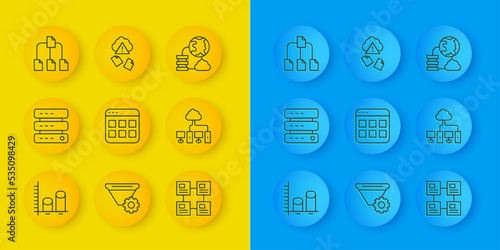 Set line Data analysis, Server, Data, Web Hosting, Browser files, Hierarchy organogram chart, Computer network, Folder tree, Network cloud connection and Cloud hacking icon. Vector