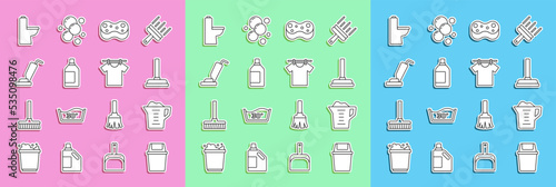 Set line Trash can, Washing powder, Rubber plunger, Sponge, Bottle for cleaning agent, Vacuum cleaner, Toilet bowl and Drying clothes icon. Vector