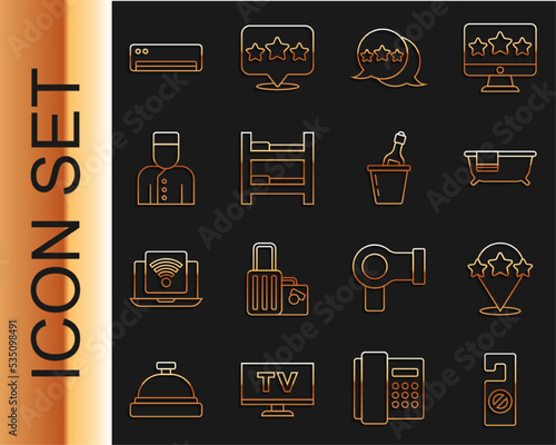 Set line Please do not disturb, Five stars rating review, Bathtub, Hotel room bed, Concierge, Air conditioner and Champagne an ice bucket icon. Vector