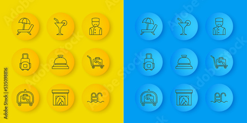 Set line Hotel luggage cart, Suitcase, service bell, Swimming pool, Trolley suitcase, Sunbed with umbrella, Concierge and Cocktail icon. Vector