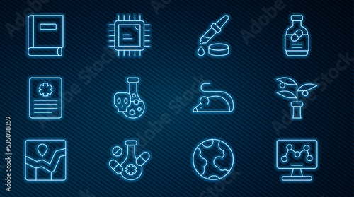 Set line Genetic engineering, Plant breeding, Pipette, Test tube with toxic liquid, Patient record, Science book, Experimental mouse and Processor CPU icon. Vector