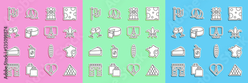 Set line Louvre glass pyramid, Map of France, Fleur De Lys, Windmill, Cheese, Wine, Flag and Eiffel tower icon. Vector