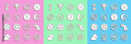 Set line Pisces zodiac, Aquarius, Moon and stars, Earth element, Venus symbol, globe, Old magic key and Symbol Mercury icon. Vector
