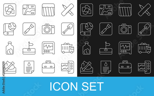 Set line Seismograph, Mining dump truck, Shovel, Ground, Paint brush, Earth globe and book, Gold nugget and Photo camera icon. Vector