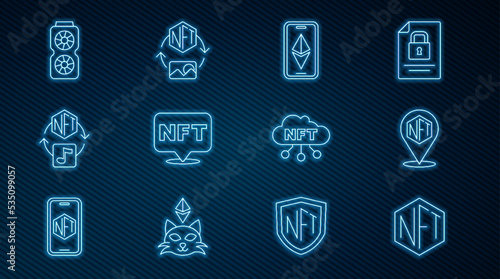 Set line NFT Digital crypto art, Ethereum ETH, Video graphic card, cloud and icon. Vector