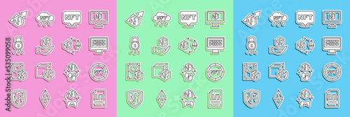 Set line Binary code, NFT Digital crypto art, Cyber security, growth bar chart and Ethereum exchange icon. Vector