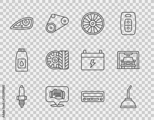 Set line Car spark plug, Canister for motor machine oil, Alloy wheel car, Check engine, headlight, tire, audio and wash icon. Vector