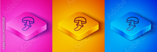 Isometric line Psilocybin mushroom icon isolated on pink and orange, blue background. Psychedelic hallucination. Square button. Vector