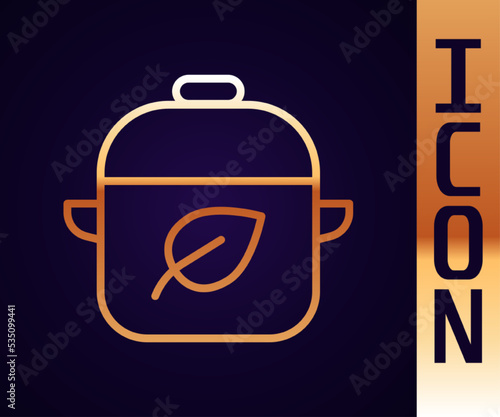 Gold line Vegan food diet icon isolated on black background. Organic, bio, eco symbol. Vegan, no meat, lactose free, healthy, fresh and nonviolent food. Vector