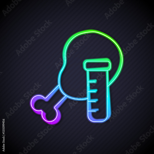 Glowing neon line Genetically modified chicken icon isolated on black background. Syringe being injected to chicken. Vector